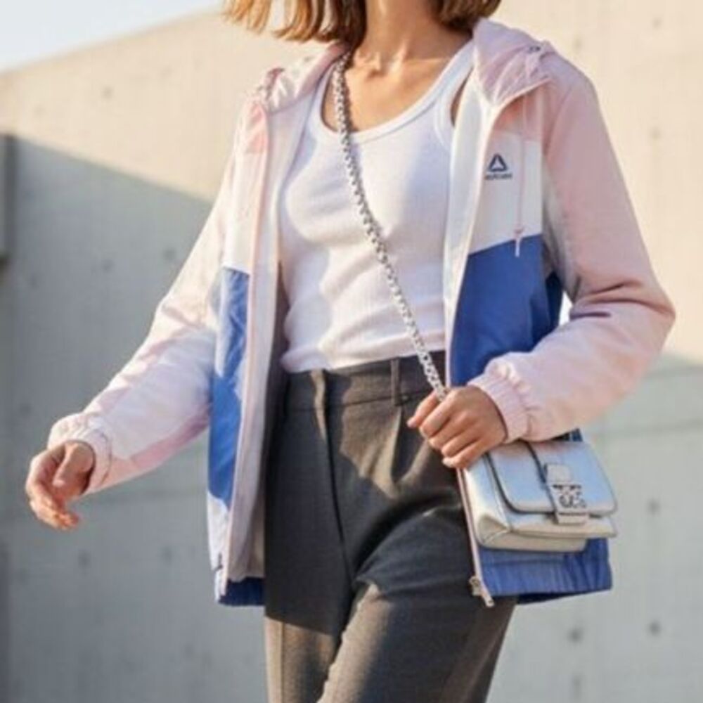 Pink White Blue Colorblock Windbreaker Jacket Reebok Hooded Fleece Lined Size L